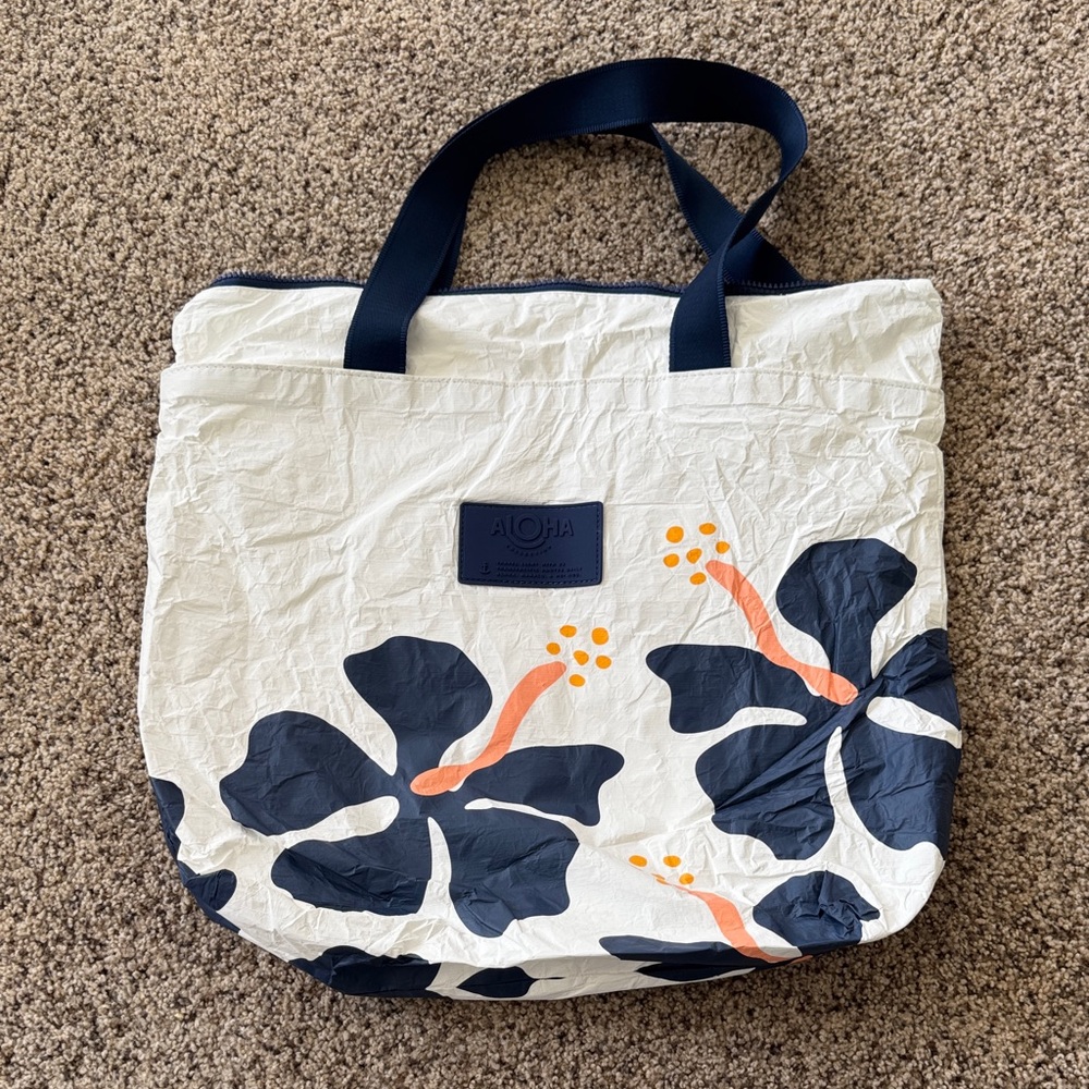 Floral Tote Bag with Navy Handles